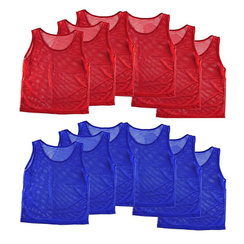 a set of 12 futsal training vests in two colors, blue and red, for two teams